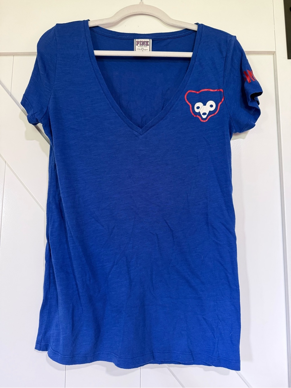 PINK Victoria's Secret Royal Blue V-Neck Tee with Red Accent Bear